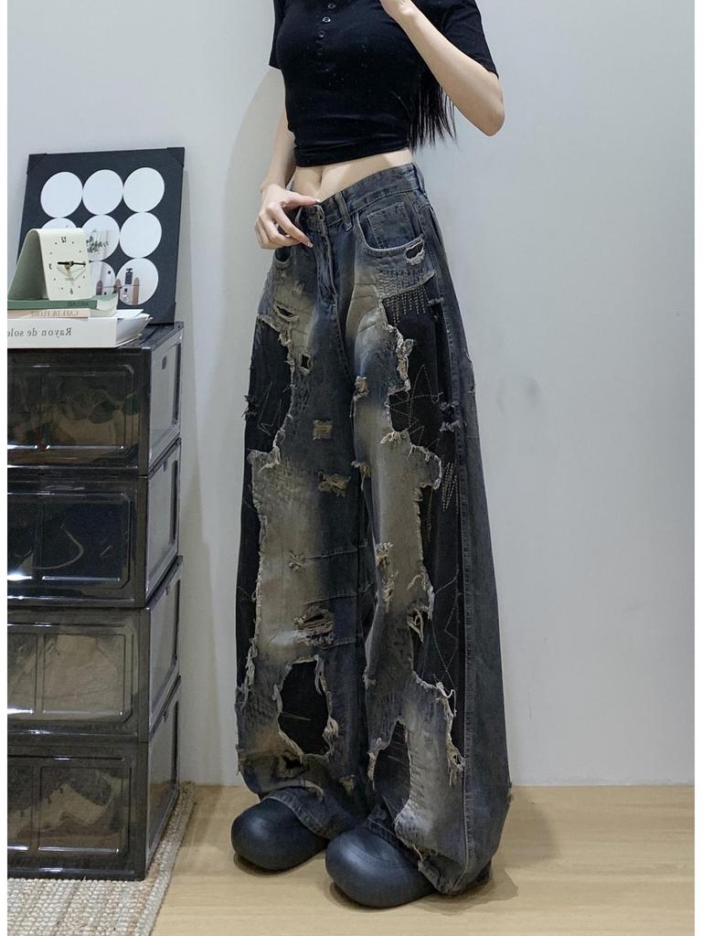 Amerikanische Retro Schwarz Tie-Dye Ausgefranste Weitbeinige Zerrissene Jeans für Damen - Trendiger Frühling Stil
