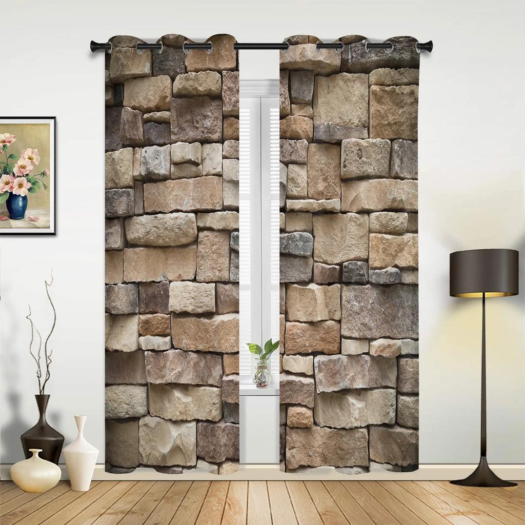 Door Stone and Brick Vintage Window Curtain Drapes Home Decor Living Room Spaces Curtains Kids Room Cortinas Wooden Brown For Kitchen Spaces Bedroom