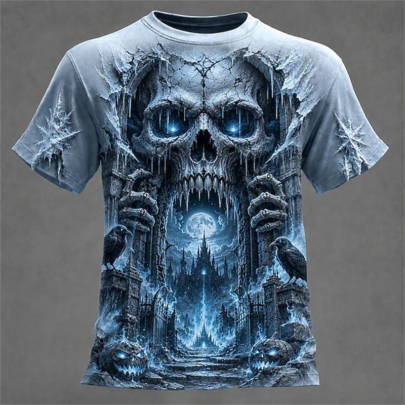 New Men's Crew-Neck T-Shirt Pumpkin Skeleton and Scarecrow Print Halloween Horror Casual Top Unisex Holiday Party Outfit