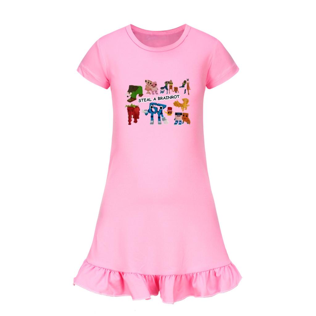 5214 Kids Girls Steal a Brainrot 67 Six Seven Printed Ruffle Short Sleeves Casual Dress