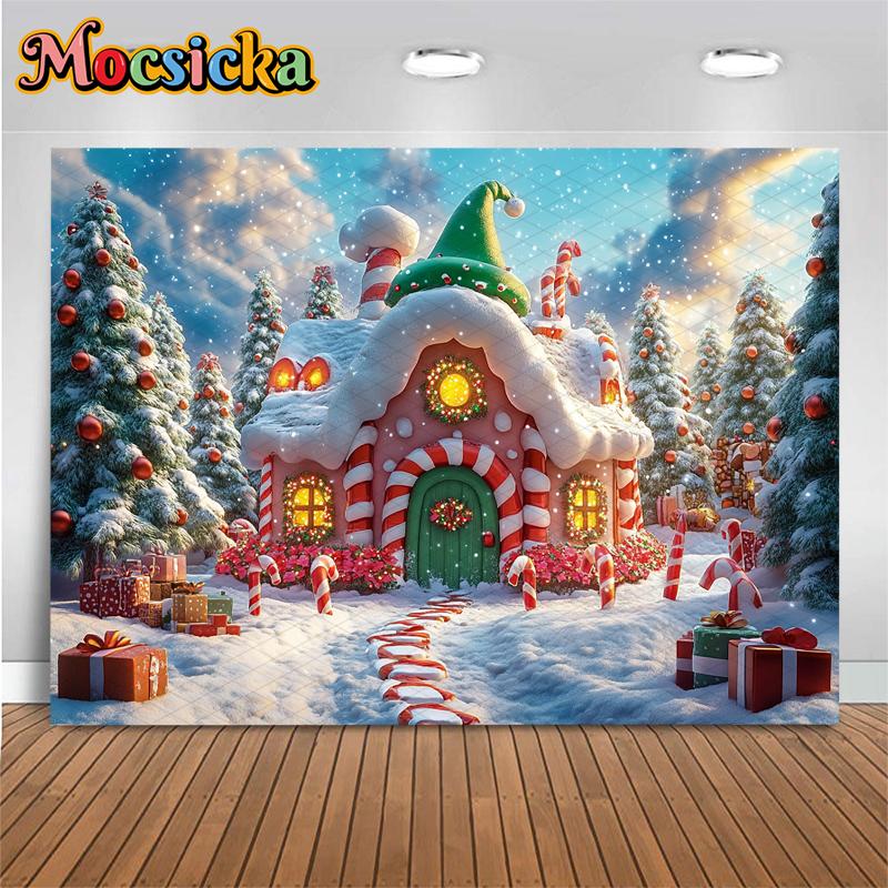 Mocsicka Christmas House Photography Background Xmas Tree Snowflake Lollipop Gifts Decoration Child Family Party Backdrop Banner