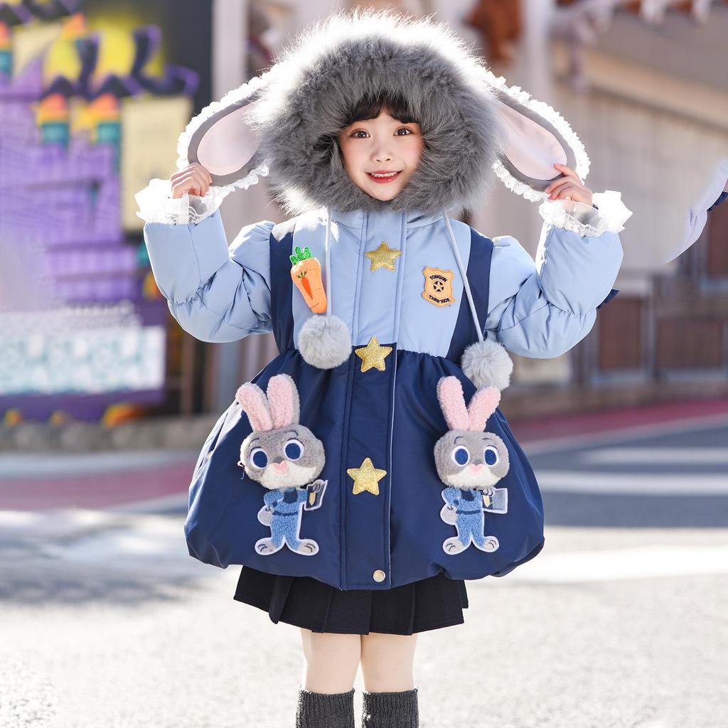 2025 Winter Girls' Elegant Rabbit Officer Down Jacket – High-End Fashion Baby Coat