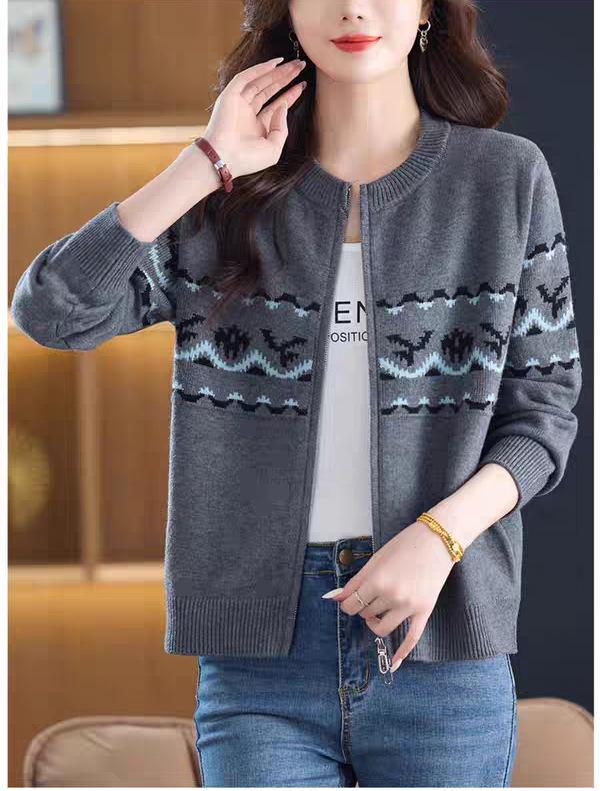 Women's Jacquard Color Block Zipper Cardigan - Soft Fluffy Knitwear, Casual Loose Fit, Round Neck Korean Style Sweater
