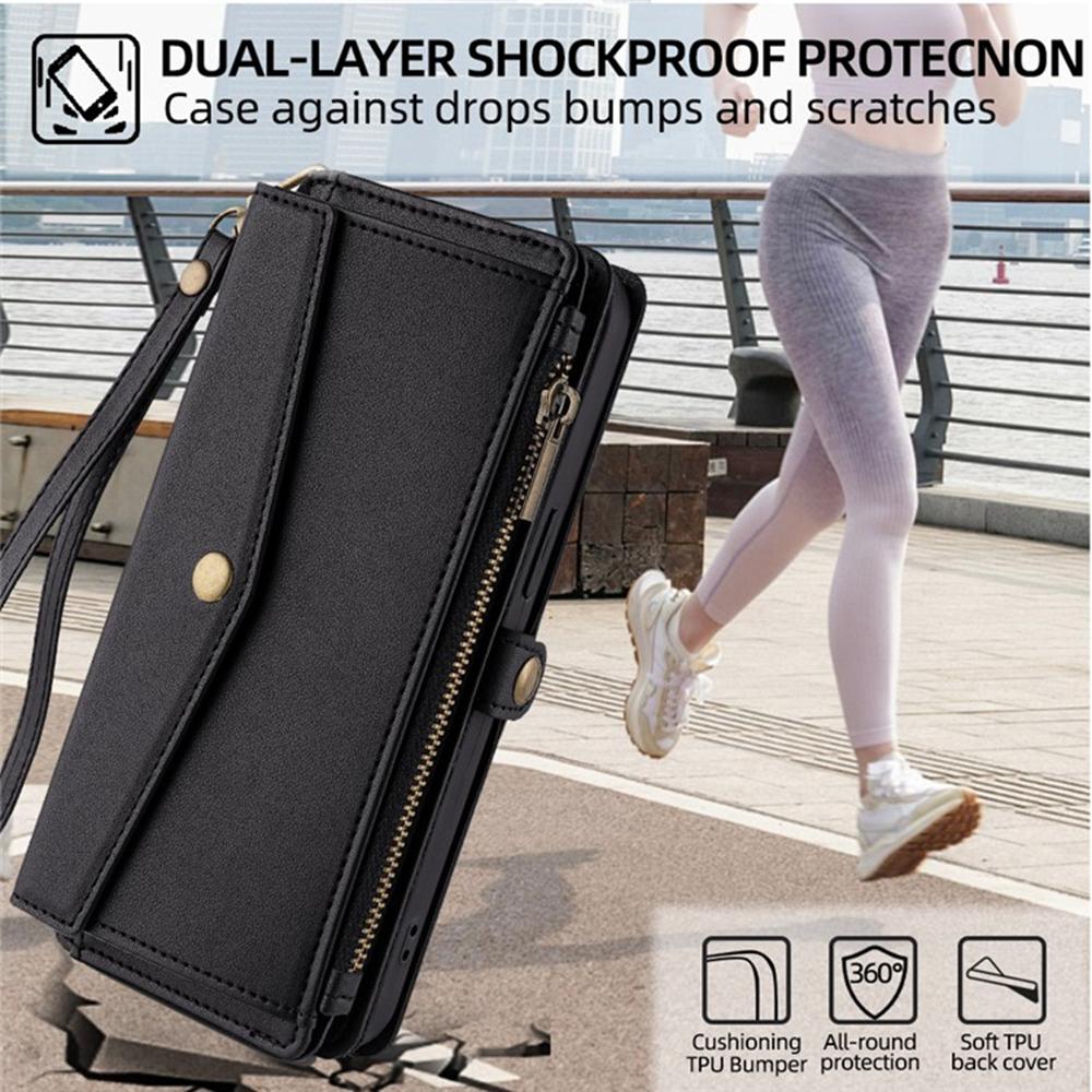 For iPhone 17 Pro Max Case Card Slots Zipper Purse PU Leather Phone Cover with Shoulder Strap