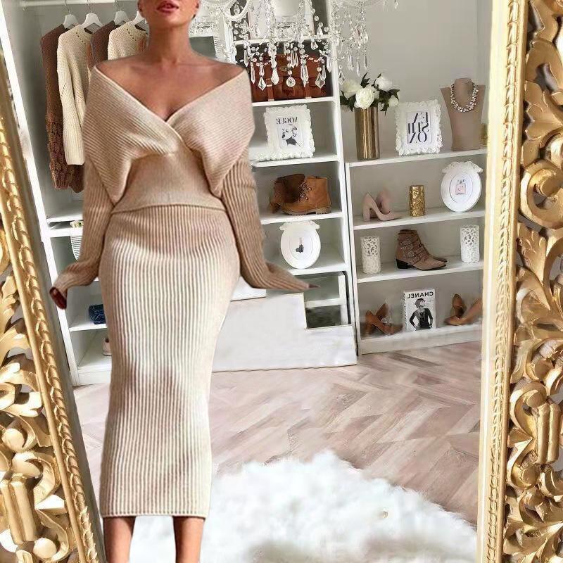 

Европейский и американский комплект топ с V-образным вырезом и длинными рукавами + юбка миди для женщин Small абрикосовый