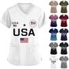 Camisetas de trabajo con bolsillos y cuello en V y manga corta estampadas a la moda para mujer