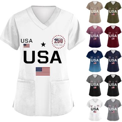 Camisetas de trabajo con bolsillos y cuello en V y manga corta estampadas a la moda para mujer