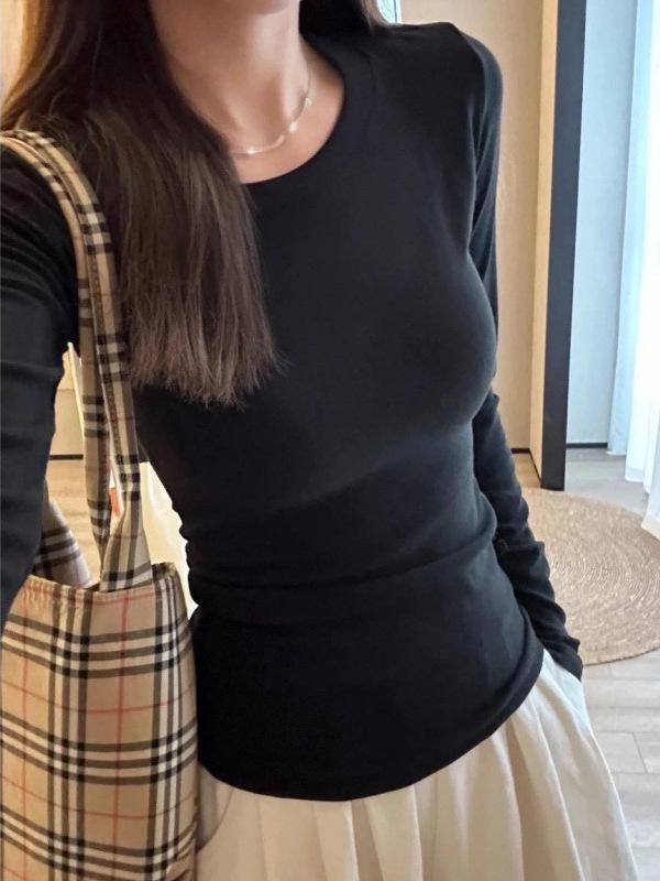 Women's Plus Size 95% Cotton Long Sleeve Round Neck T-Shirt - Slim Fit, Solid Color, Spring/Autumn Wear, Straight Shoulder.