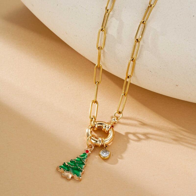 Christmas Stainless Steel Necklace Set - Santa Reindeer Snowman Pendants Lobster Clasp Adjustable Festive Jewelry Gift