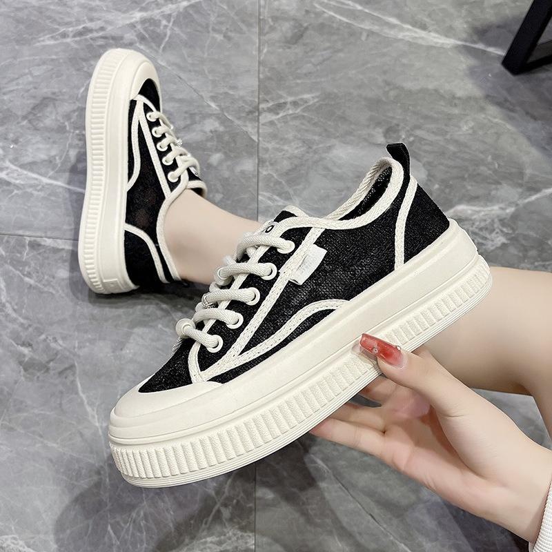 Canvas Shoes for Women 2025 Summer New Style Lace Mesh Breathable White Sneakers Thick-soled Casual Board Shoes for Women