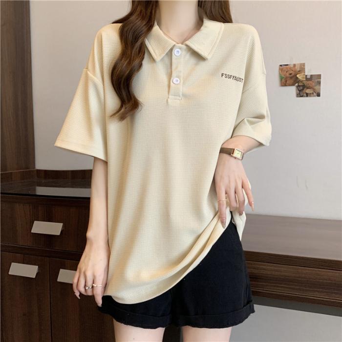Sommer Mode Frauen T-Shirts Brief drucken Grafik T-Shirt Femme Harajuku beiläufige lose Polokragen Waffler Kleidung T-Shirt weibliche Streetwear