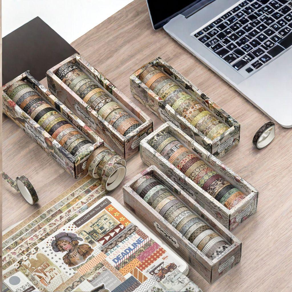 Qianmo Chujian Series Washi Tape Set Vintage Botanical Decorative Paper Tape for Journaling Scrapbooking DIY Craft Gift Box