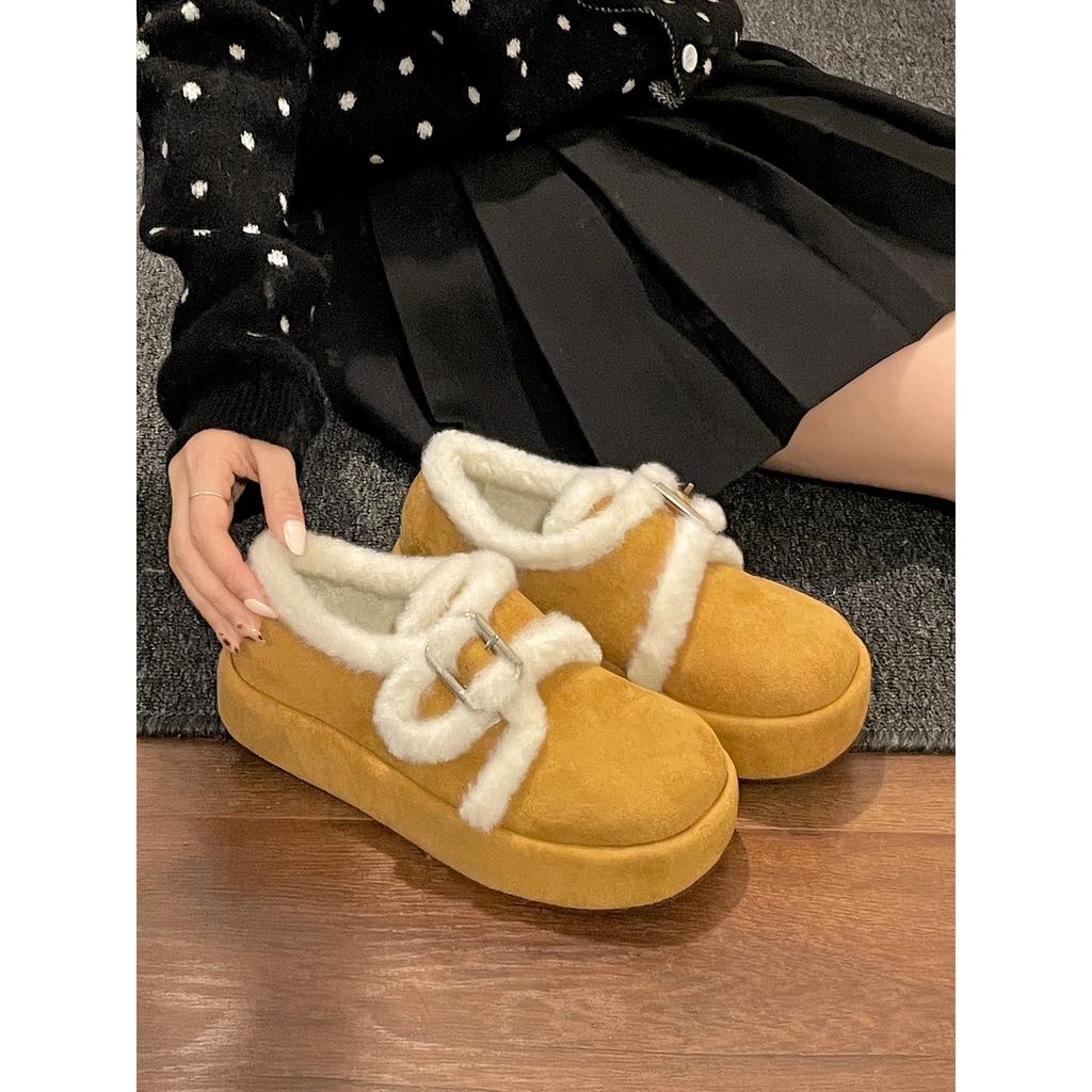 White velvet thickened warm thick-soled snow cotton shoes for women to wear in winter, retro all-inclusive Birkenstocks