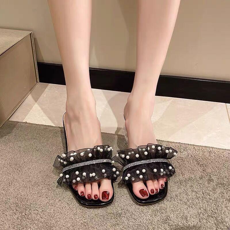Thick Heel Slippers Outer Wear Ins Transparent Summer Fashion Lace Pearl Fairy Style with Skirt Wear Cool Slippers Woman