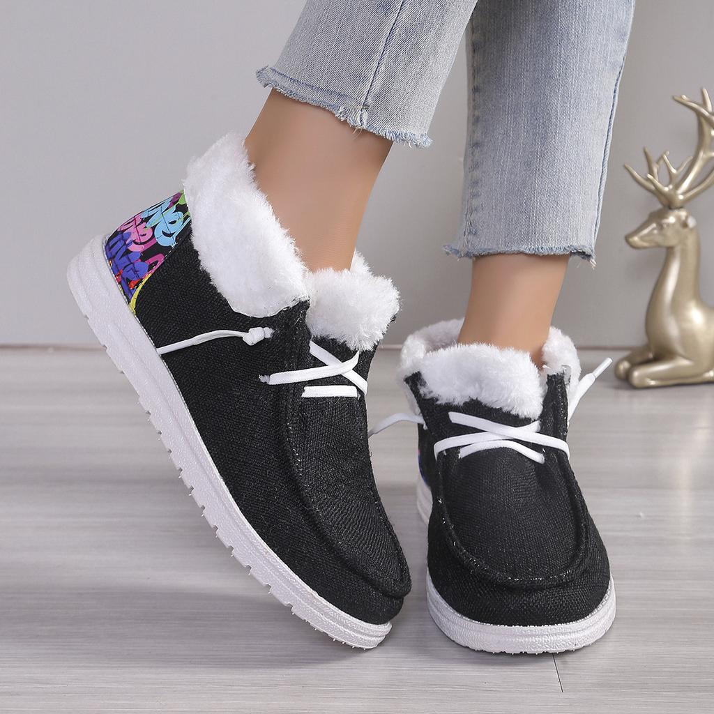 Fashion Retro Comfortable Women Plush Lined Snow Boots Sunflower Shoes Print Cozy Slip on Shoes Fuzzy Canvas Shoes Thermal Ankle Boots