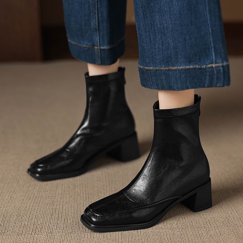 Krazing Pot Botines Chelsea de Puntera Cuadrada con Tacón Grueso de Microfibra Talla 42 Cremallera Decoración Plisada para Mujer Botines Elásticos en el Tobillo