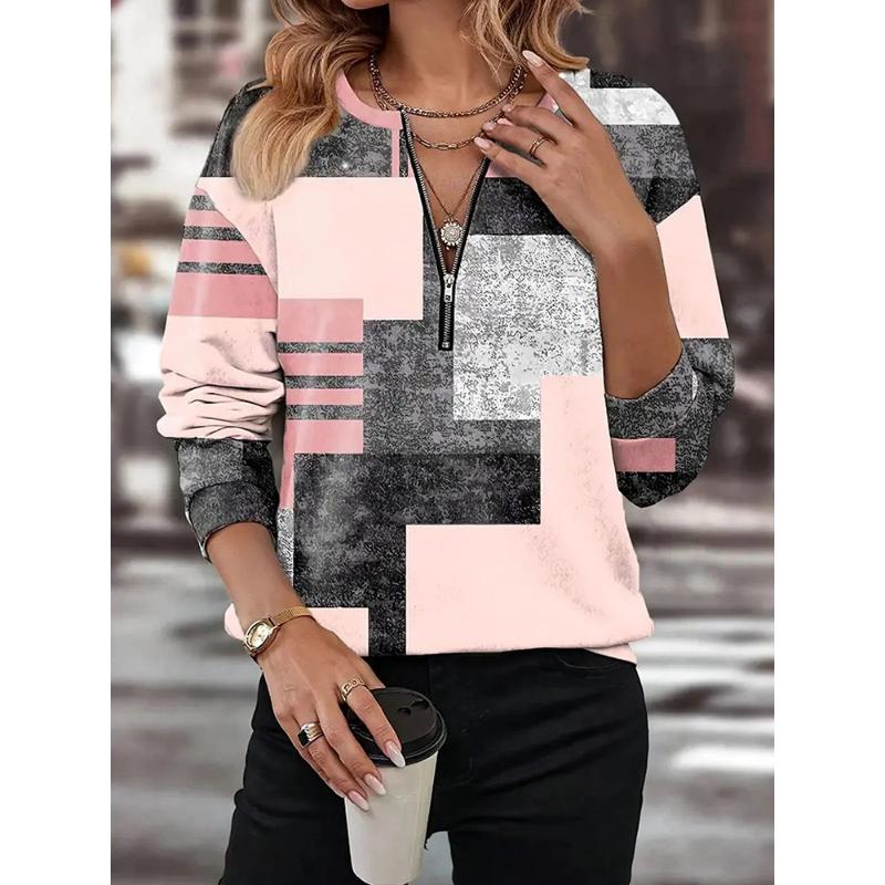 Geometry Zipper V-neck High Street Woman Long Sleeved T-shirts  Autumn Color Blocked Printed Women's Tops Loose Casual Clothes
