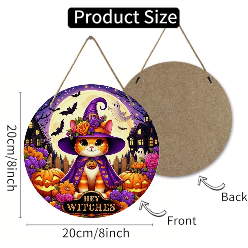 Cute Halloween cat witch themed round wooden hanging plaque spooky pumpkin floral wall sign indoor outdoor home festival party decor gift