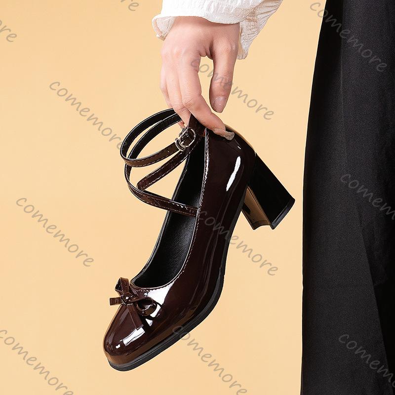 Fashion Comemore Black Brown Retro Cross-Tie Pumps Casual Summer Round Toe Shoes Ladies Sweet Fashion Woman Bow Heeled Mary Janes Shoes