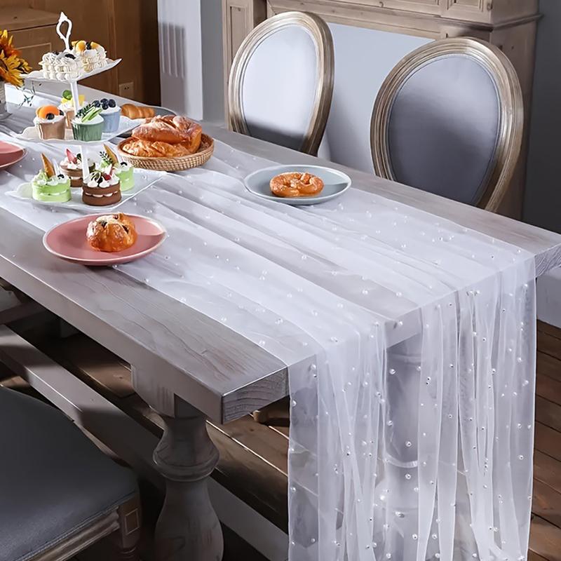 Gazowy Biegacz na Stół Romantyczny Siatkowy Obrus z Pereł Pokrowiec na Stół Weselny Jadalny Dekoracja na Urodziny Baby Shower Imprezowy