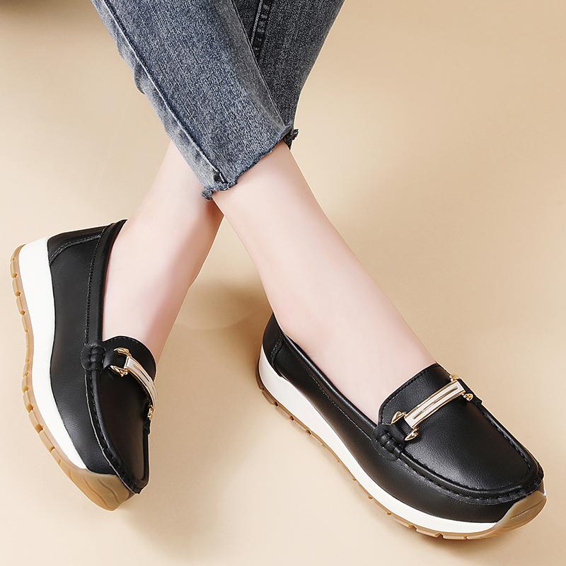 Pacecraft Shoes Women's Cowhide Loafers with Metal Buckle, Comfortable Casual Flat Shoes