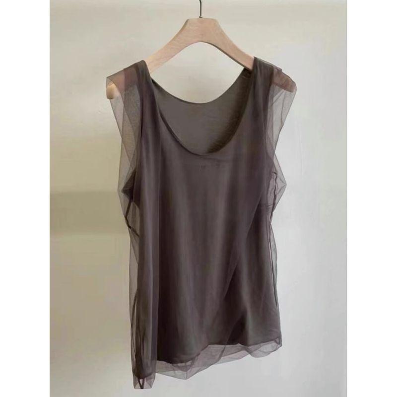 Awesome X Goods Burst! Brown High Cotton and Linen Mesh Vest Tops Women's Summer 2024 Sleeveless Inner Match Small Shirt