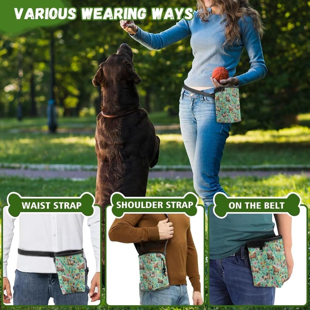 Horse Floral Dog Treat Pouch Versatile Puppy Dog Training Treat Bag Dog Food Dispenser Reward Pouch Perfect for Long Walks Or Training, 3 Ways To