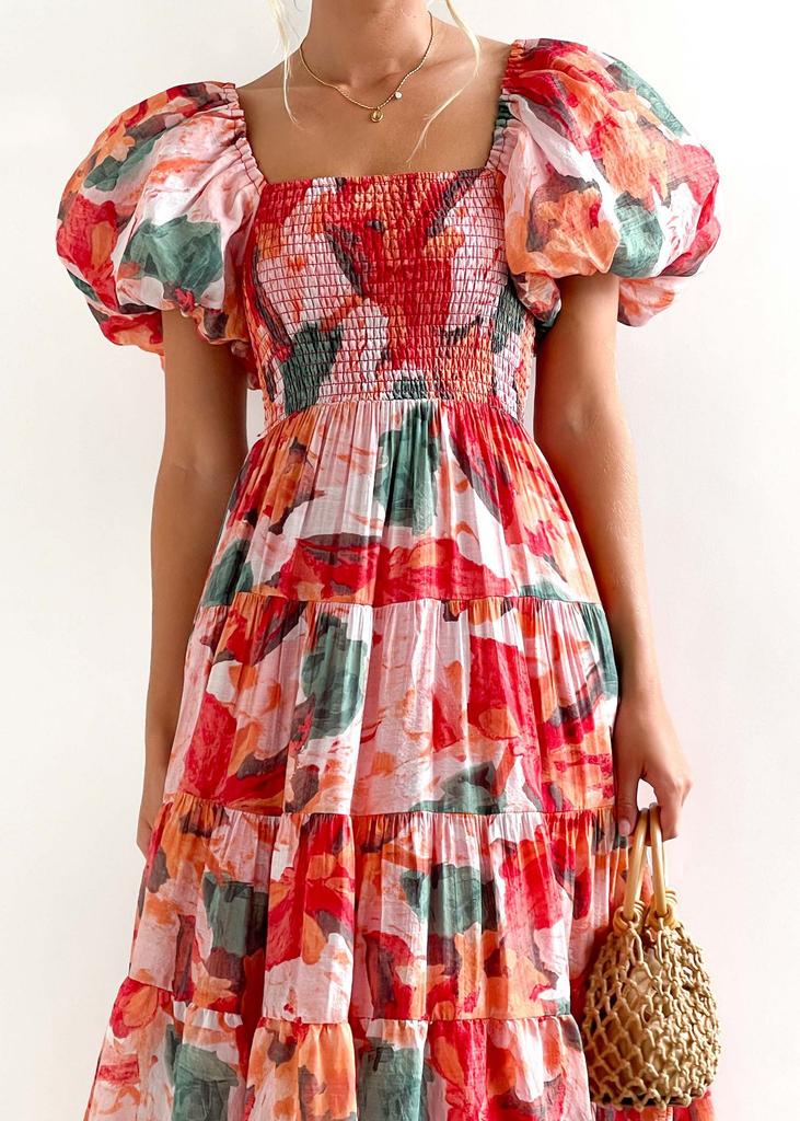 New European and American, Popular Square Neck Lantern Sleeves High Waist One-word Shoulder Dress Loose and Long