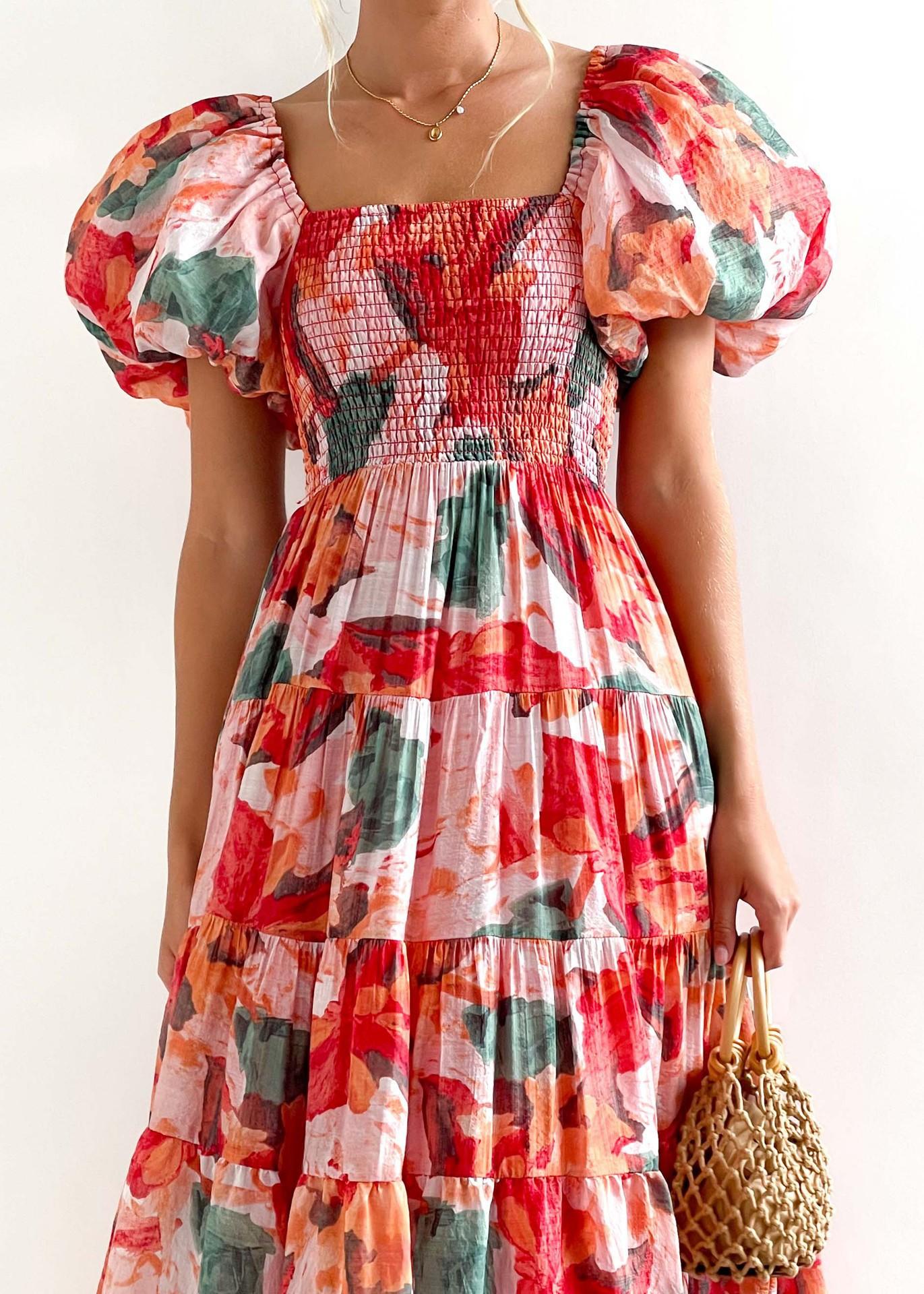 

New European and American, popular square neck lantern sleeves high waist one-word shoulder dress loose and long S красный