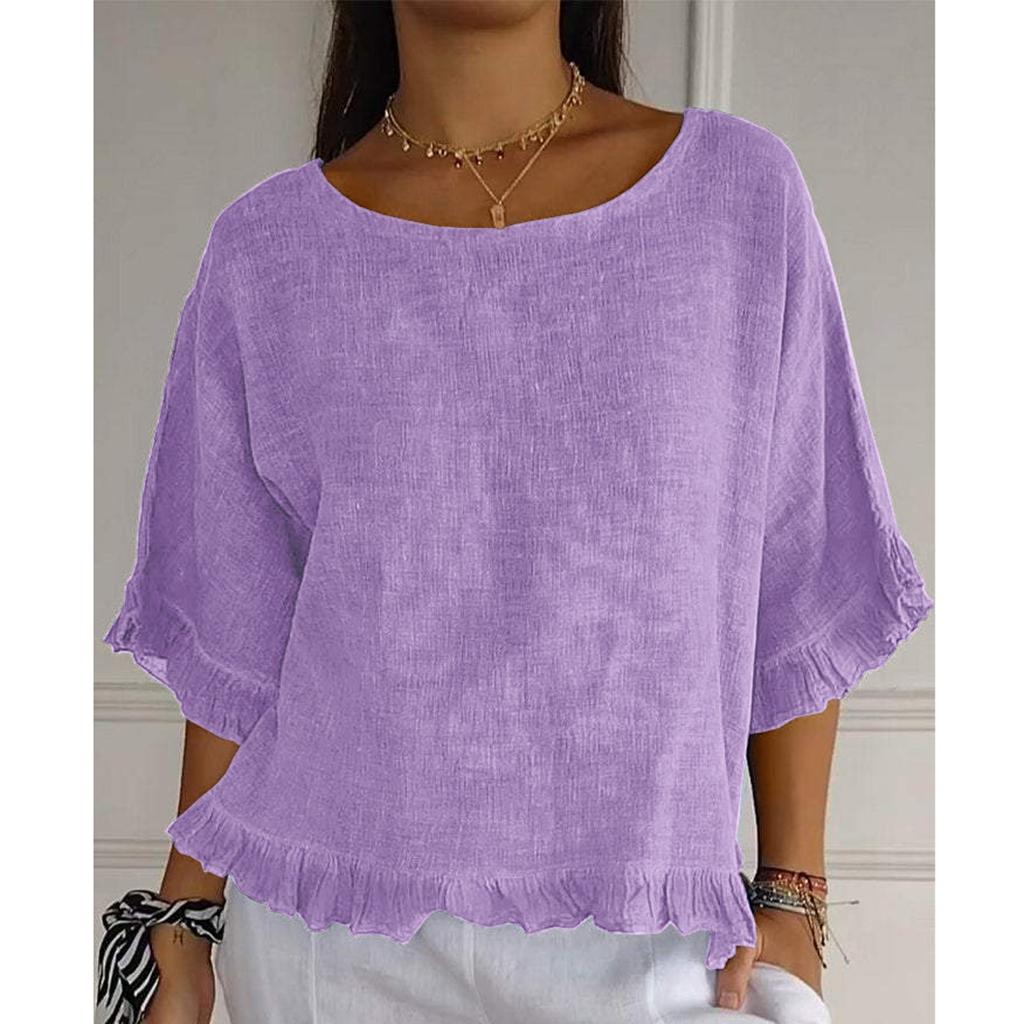 Women's Fashionable Loose Casual Round Neck Solid Color Shirt Top Solid Color Shirt Top