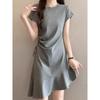 Elegant Korean Ruffle Dress with Drawstring Waist & Pleated Skirt - Women's Summer Short Sleeve Style