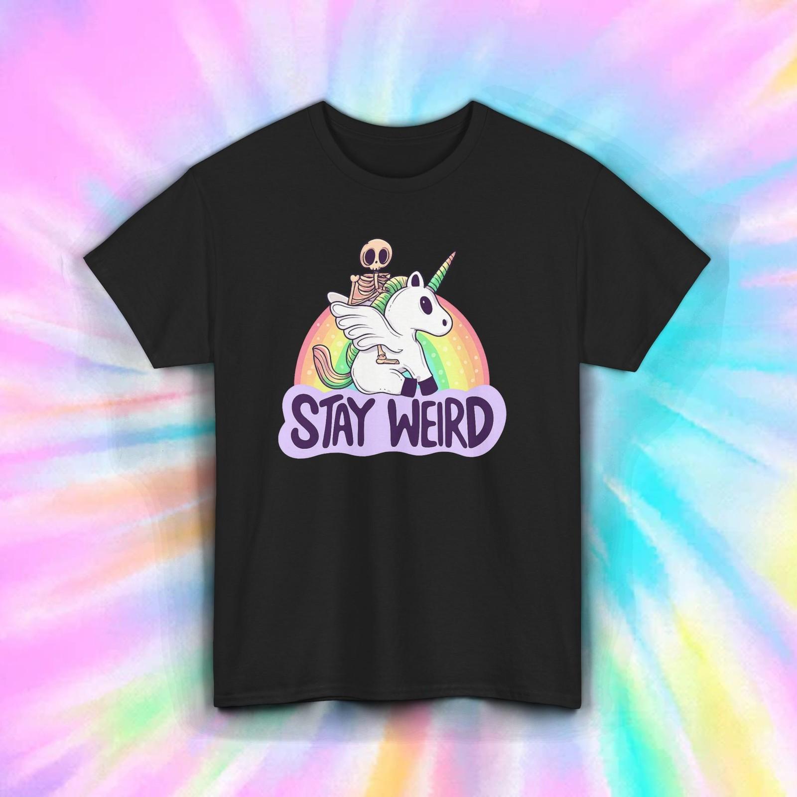 Stay Weird Skeleton Unicorn Funny Rainbow Graphic Tee S-5XL Gift Design M