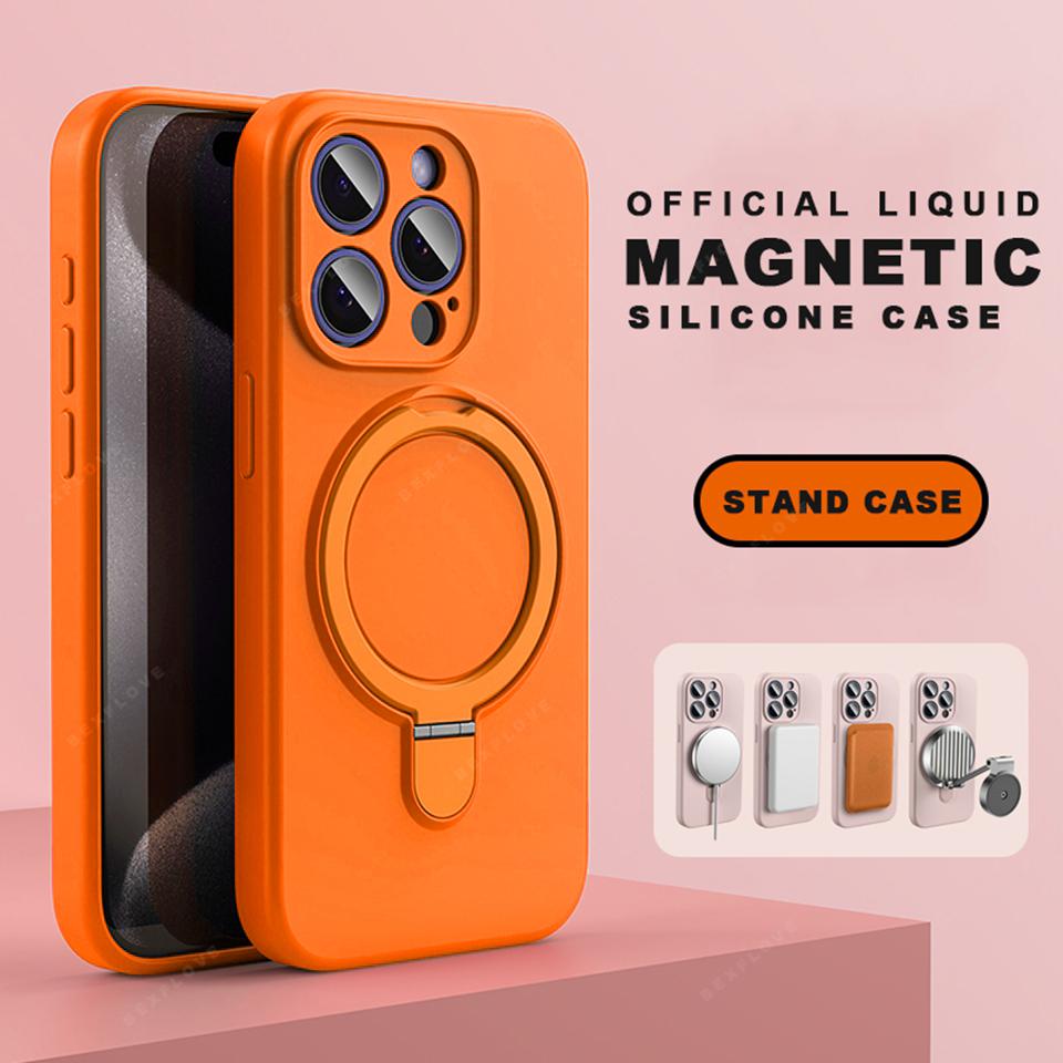 Magnetic Liduid Silicone Phone Case For For Iphone 17 Air 14 1 16 Pro Max Ring Holder Stand Shockproof Protector Cover