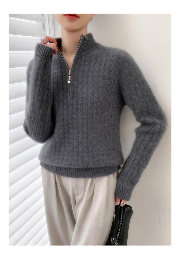 Women's 100% Wool Cable Knit Sweater: Autumn/Winter Seven-Stitch Thickened Half-High Collar with Half-Zip & Long Sleeves