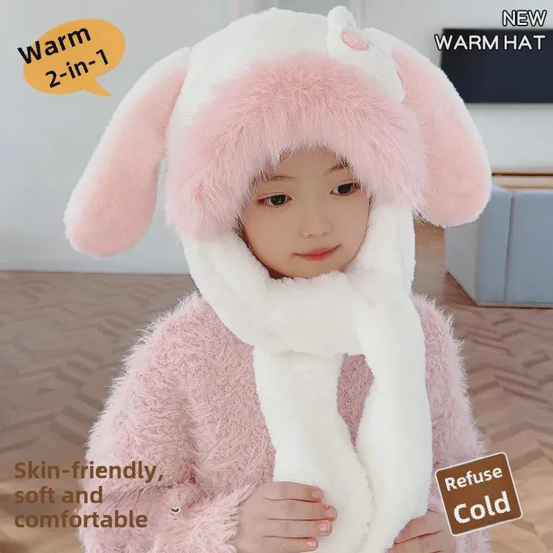 Cute Rabbit Ear Children's Hat & Scarf Combo - Plush, Warm, and Movable Ears for Girls.