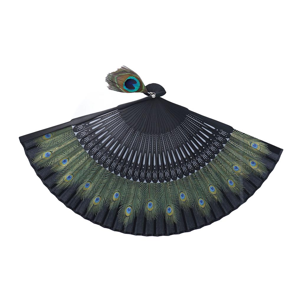 Folding Fan Black Bones Beautiful Peacock Pattern Antique Bamboo Hand Fan for Performance Clothes Decoration Gift