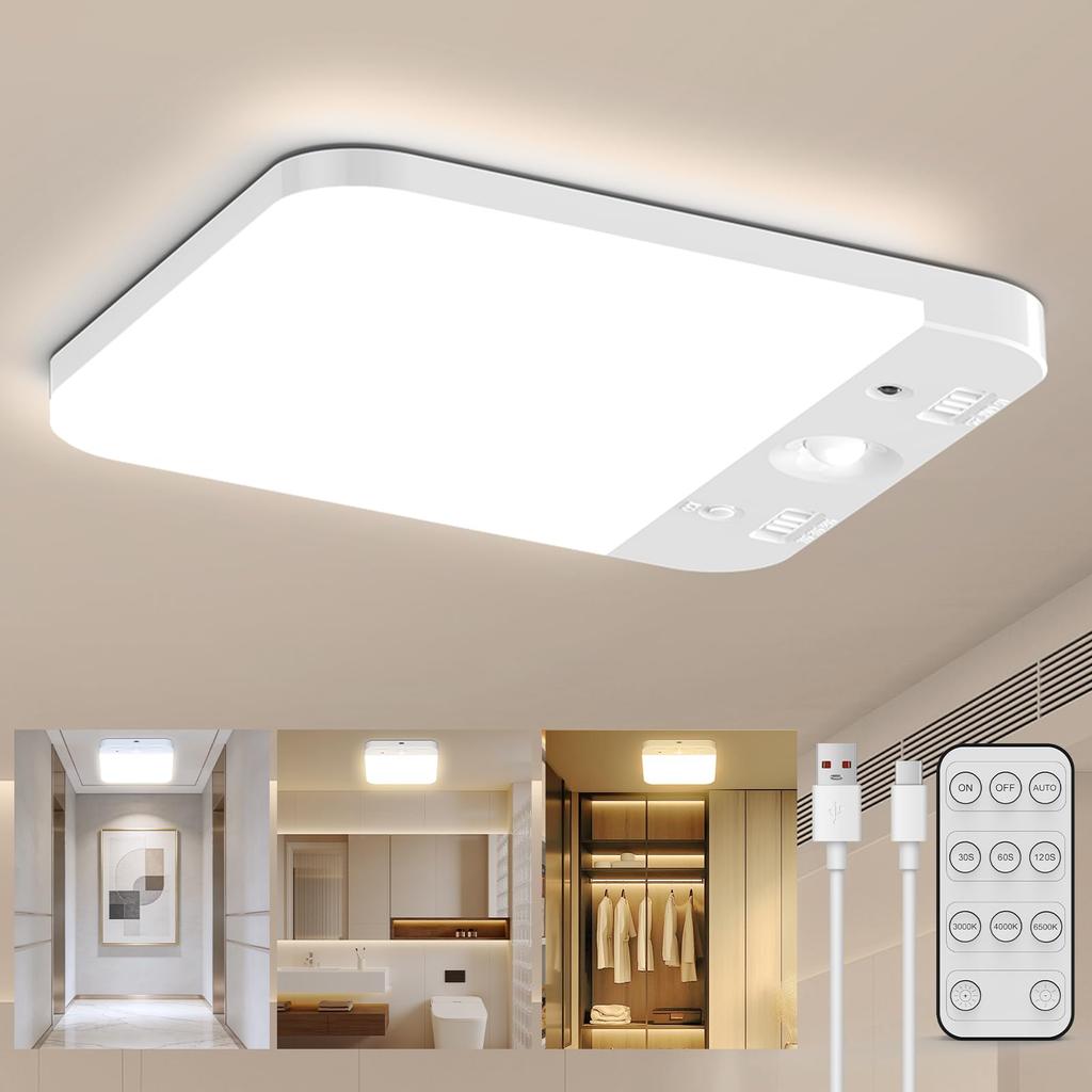 Yuzuku Motion Sensor LED Indoor Compact Ceiling Light with Memory Remote Energy Automatic Suitable for Emergency Use During Tape Easy No Construction