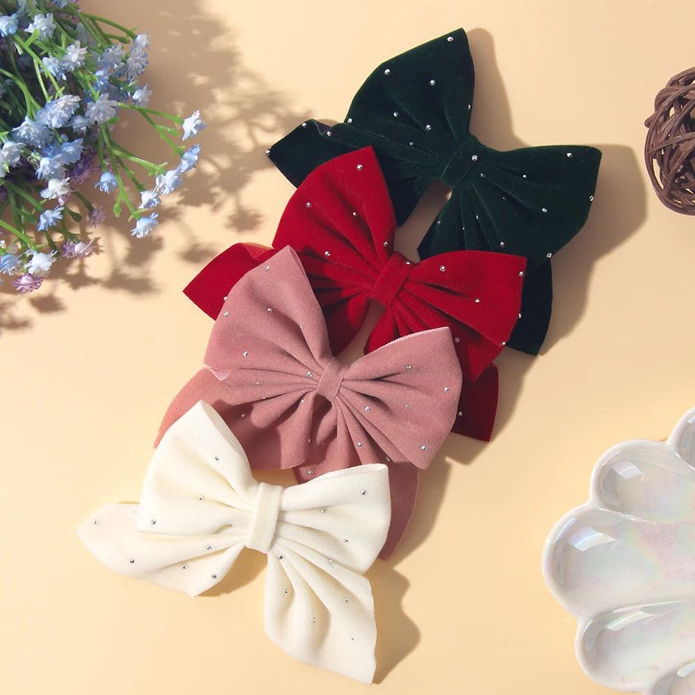 Alloy Safe Hair Accessory Kids Gift 2PCS Set Girl Favorite Cute Bow Hair Clip Diamond Embellished Velvet Solid Color Bow