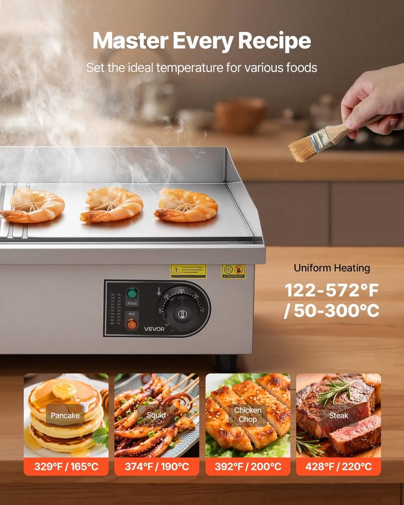 Commercial Electric Griddle, 535 x 300 mm, 3200W, 50-300°C Adjustable Temp Control, Stainless Steel Body, Half Grooved Half Flat, with 2 Spatulas, 2