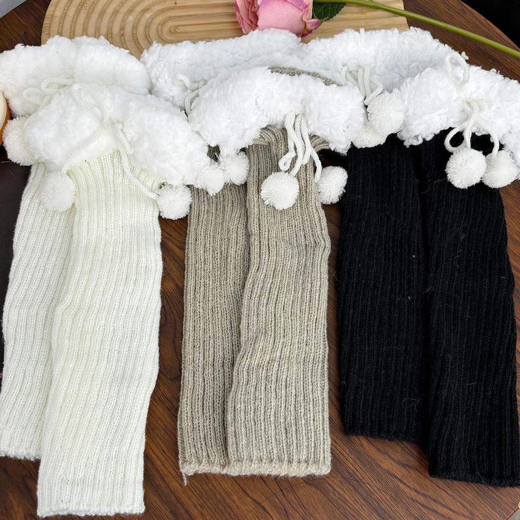 1pair Winter Warm Knitted Socks Lolita Warm Leg Knitted Socks Wool Ball Knitted Foot Covers Leg Warmers with Balls for Women