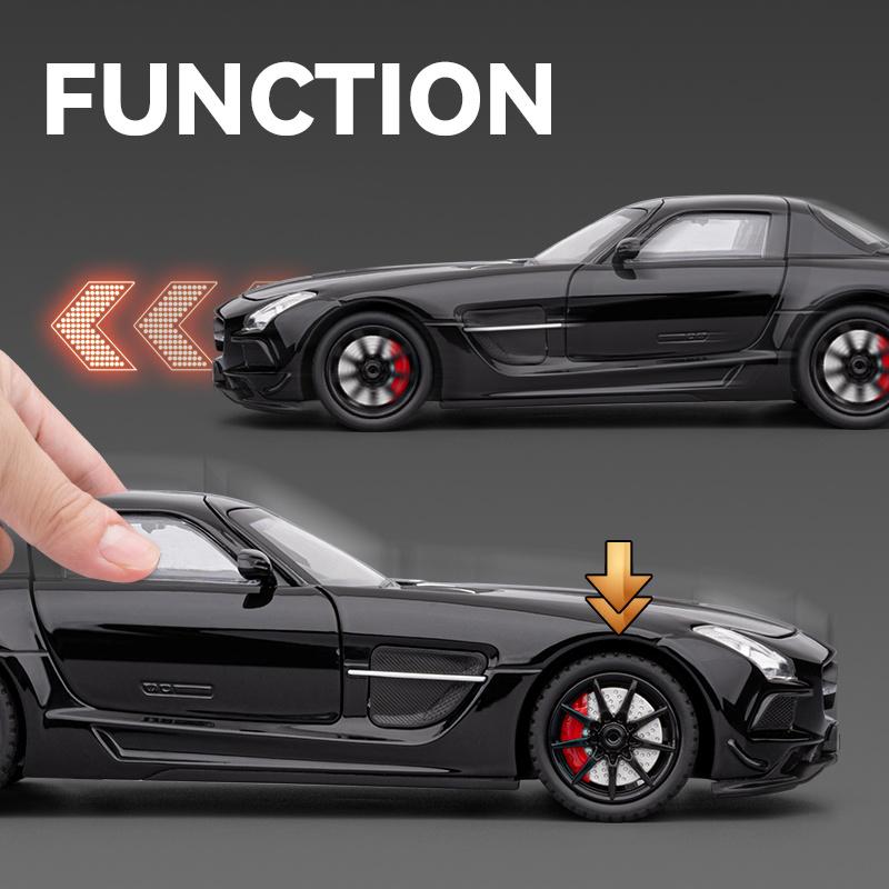 1/24 Benz SLS Amg Super Sports Car Alloy Diecast Model Metal Car Sound & Light Pull Back Collection Hobby Decorations Birthday