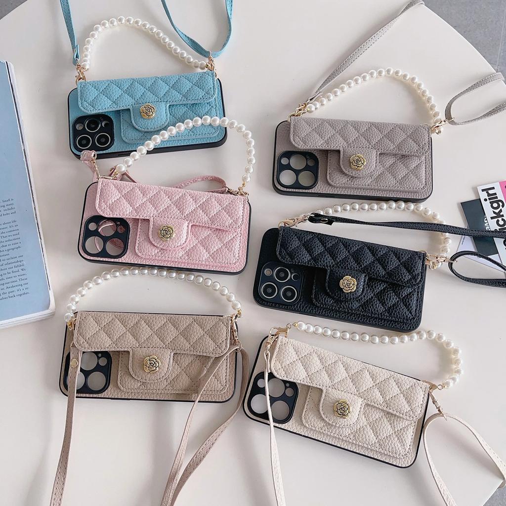 Crossbody Pearl Wristband Phone Case for IPhone 12 Mini 16 Plus 15 14 13 11 Pro Max XR XS Wallet with Card Holder Leather Cover