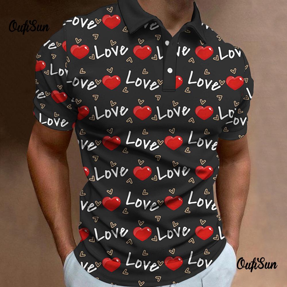 Trendy short-sleeve polo with love & heart prints, casual everyday wear.