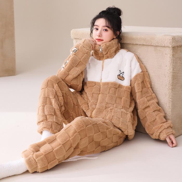 

Женская фланелевая жаккардовая пижама - на молнии, утолщенная, теплая осенне-зимняя верхняя одежда Large