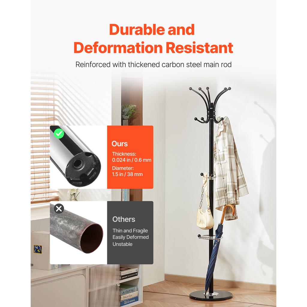 SucceBuy Freestanding Coat Rack Metal Coat Rack Stand with Umbrella Holder Stable Marble Base&14Hooks Hall Coat Tree for Bedroom