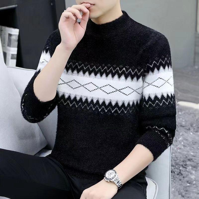 Men's High-End Fleece-Lined Winter Sweater, Half-High Collar, Korean Style, Warm Casual Knit for Teens & Students.