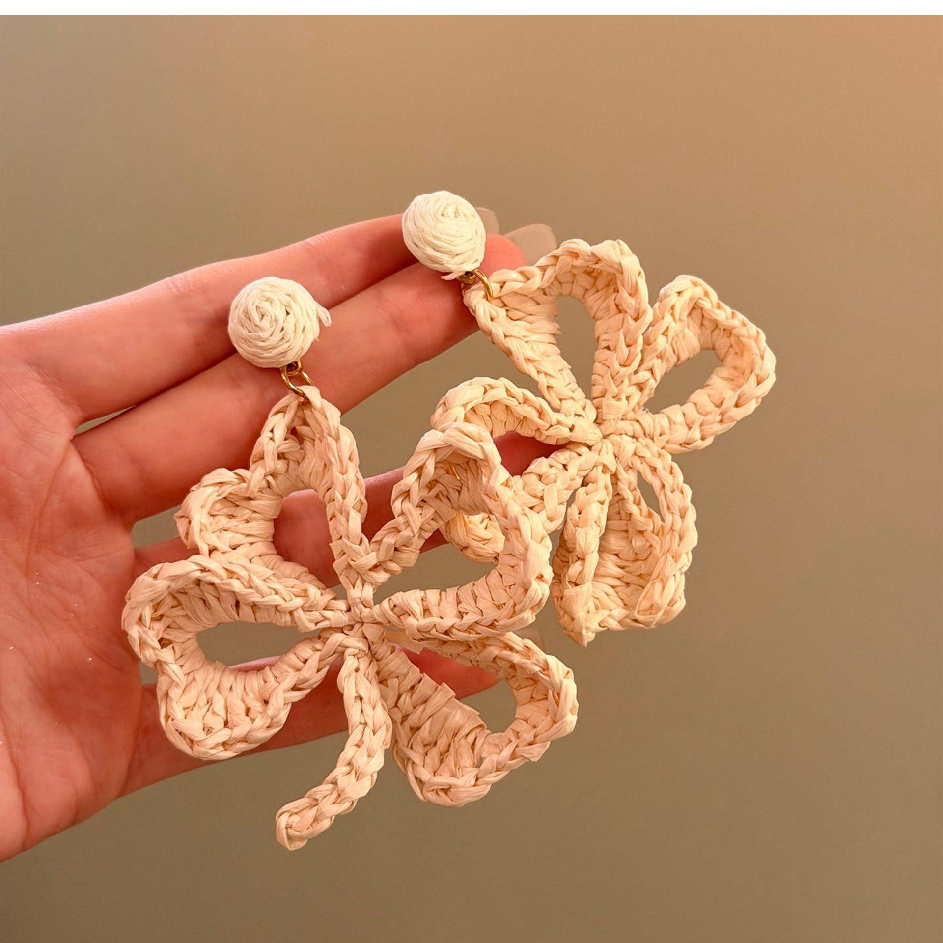 Silver needle raffia woven flower pendant earrings bohemian vacation style stud earrings niche high-end earrings women