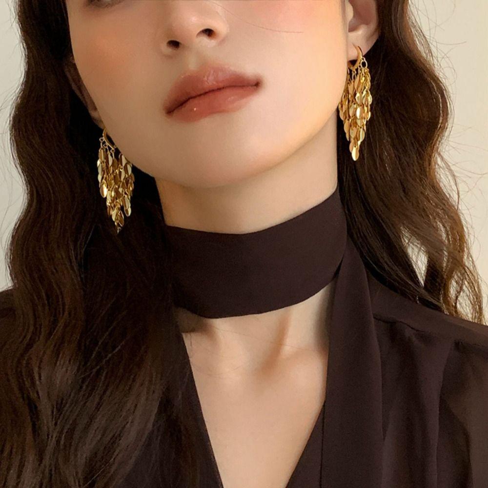 Korean Style Metal Sequin Earrings Bling Bling Gold Earrings Long Tassel Dangle Earrings  Women