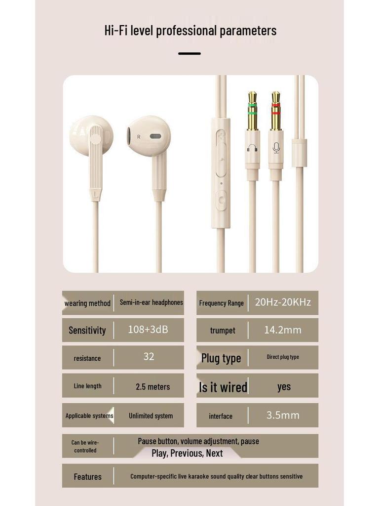Comfortable 2.5m Wired In-Ear Headphones with Dual-Plug, Mic, Noise Reduction, Free Shipping