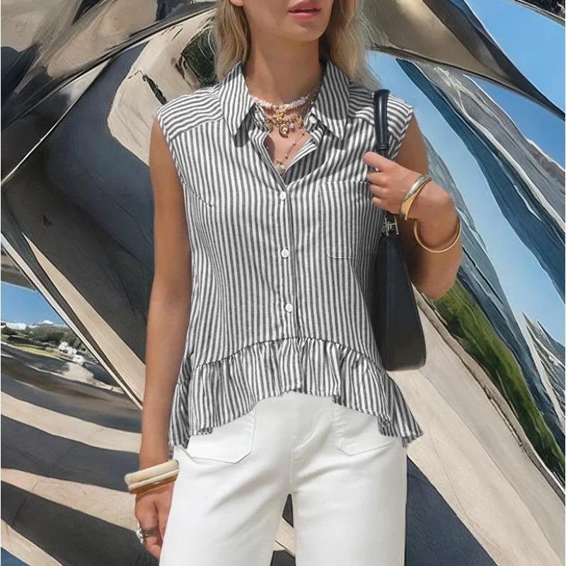 Camicia da Donna a Righe Senza Maniche con Bottoni, Orlo Arricciato e Taschino sul Petto, Top Estivo Casual Multicolore